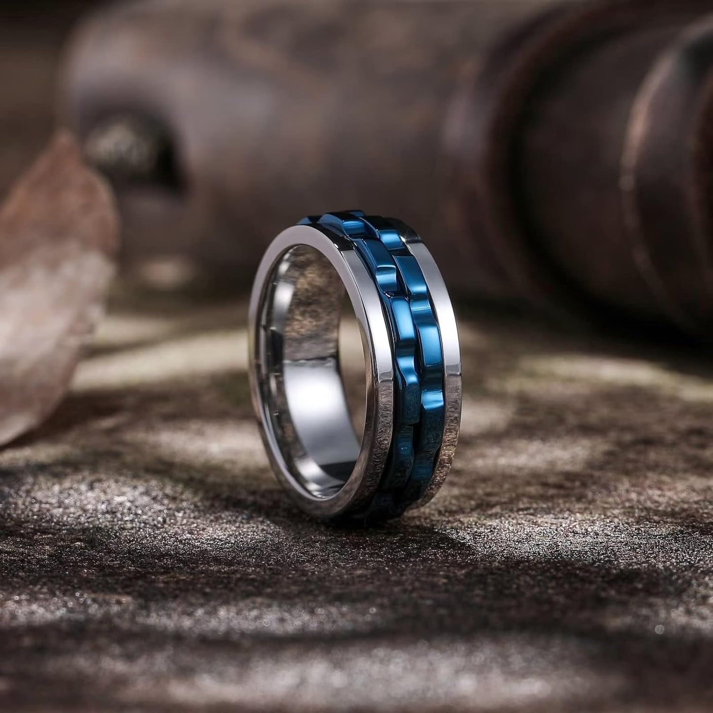 King Will Mens Black Blue Gear Spinner Rings Stainless Steel Fidgets Two Black Gear Fidget Ring High Polish Anxiety Ring For Men Women Wedding Band