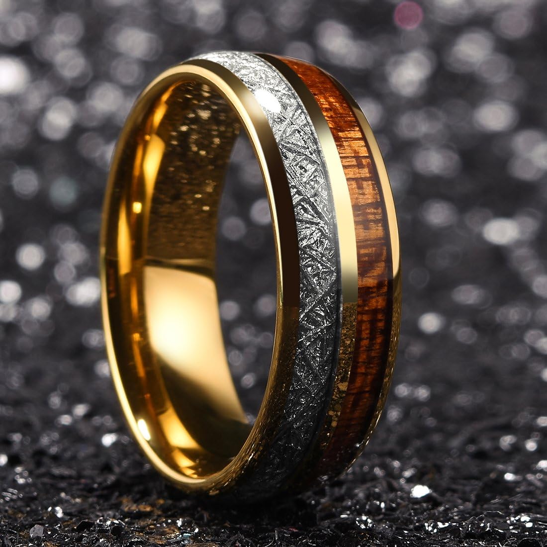 King Will 7mm/8mm Mens Tungsten Carbide Ring Imitated Meteorite Carbon Fiber Nature Wood Inlay Rings Silver/Gold Domed Engagement Band for Men Polished Comfort Fit