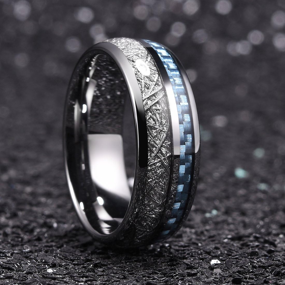 King Will 7mm/8mm Mens Tungsten Carbide Ring Imitated Meteorite Carbon Fiber Nature Wood Inlay Rings Silver/Gold Domed Engagement Band for Men Polished Comfort Fit