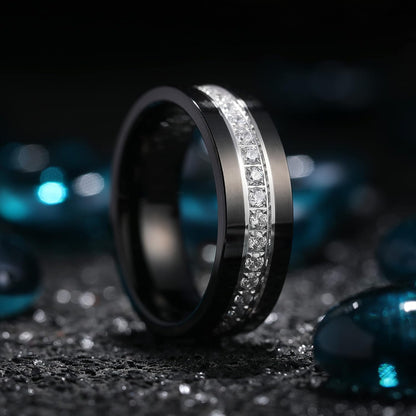 King Will GEM Mens 8mm Black Polished Finish Tungsten Carbide Ring Cubic Zircon Stones Flat Style