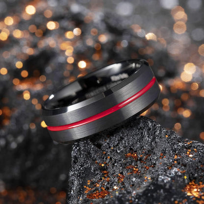 King Will 6mm 7mm 8mm Groove Tungsten Carbide Wedding Ring for Men Black/Silver/Rainbow/Rose Gold/Red/Brown/Blue Thin Groove Center Tungsten Wedding Band Matte Finish