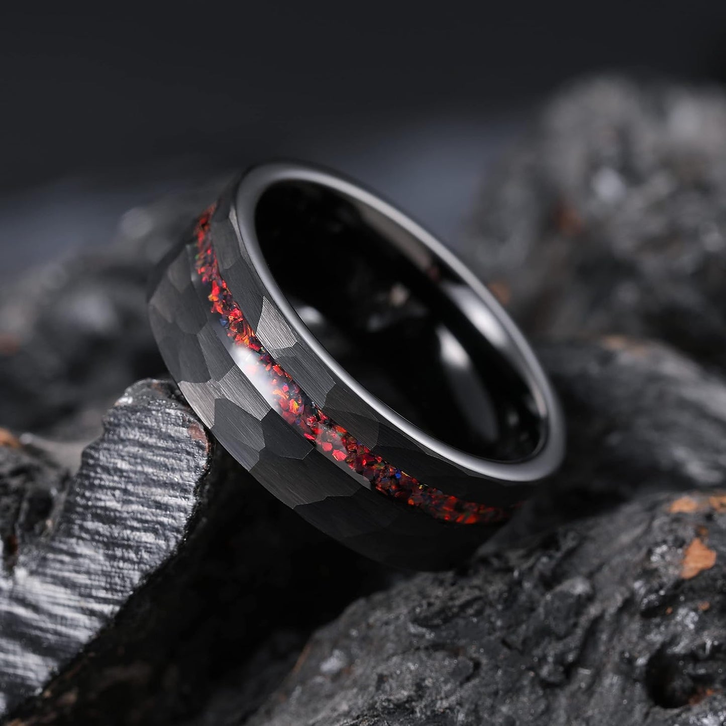 King Will 8mm Wood/Red Opal/Gold Foils/Purple Meteorite Inlaid Black Tungsten Carbide Rings Wedding Band Brushed Hammered Men’s Engagement Ring Comfort Fit for Men Women