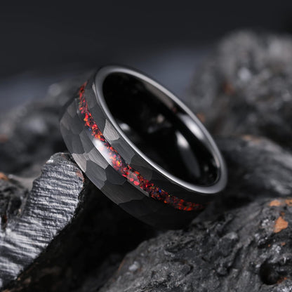 King Will 8mm Wood/Red Opal/Gold Foils/Purple Meteorite Inlaid Black Tungsten Carbide Rings Wedding Band Brushed Hammered Men’s Engagement Ring Comfort Fit for Men Women