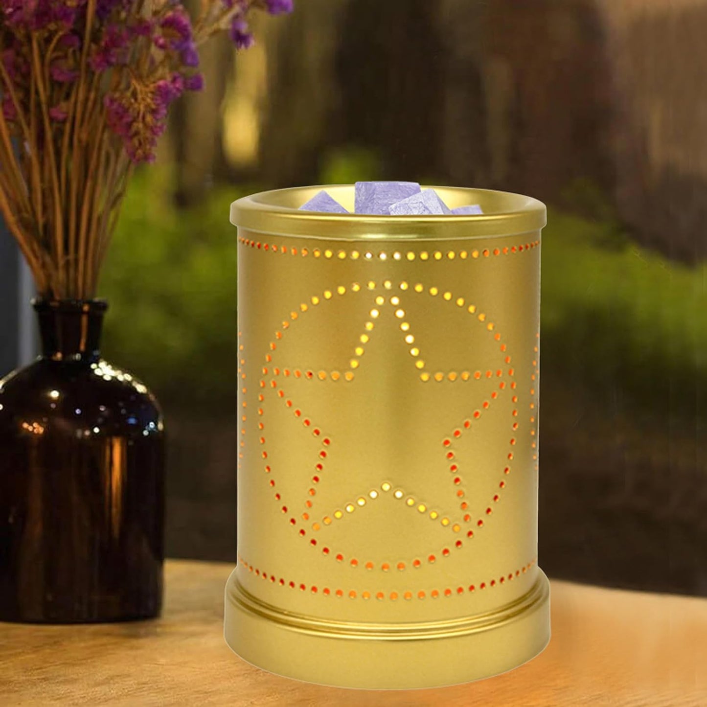 CVHOMEDECO. Electric Wax Melt Warmer Punched Stars Metal Tart Warmer Decorative Candle Warmer Burner for Scented Candles, Wax Melts and Tarts to Freshen Room, Idea for Home/Office Decor., Black