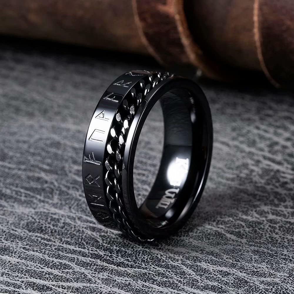 King Will 8mm Black/Silver Spinner Stainless Steel Ring Fidget Ring Anxiety Ring for Men Brushed Greek Key/Viking Pattern/Roman Numerals/Hammered Relieving Stress Ring