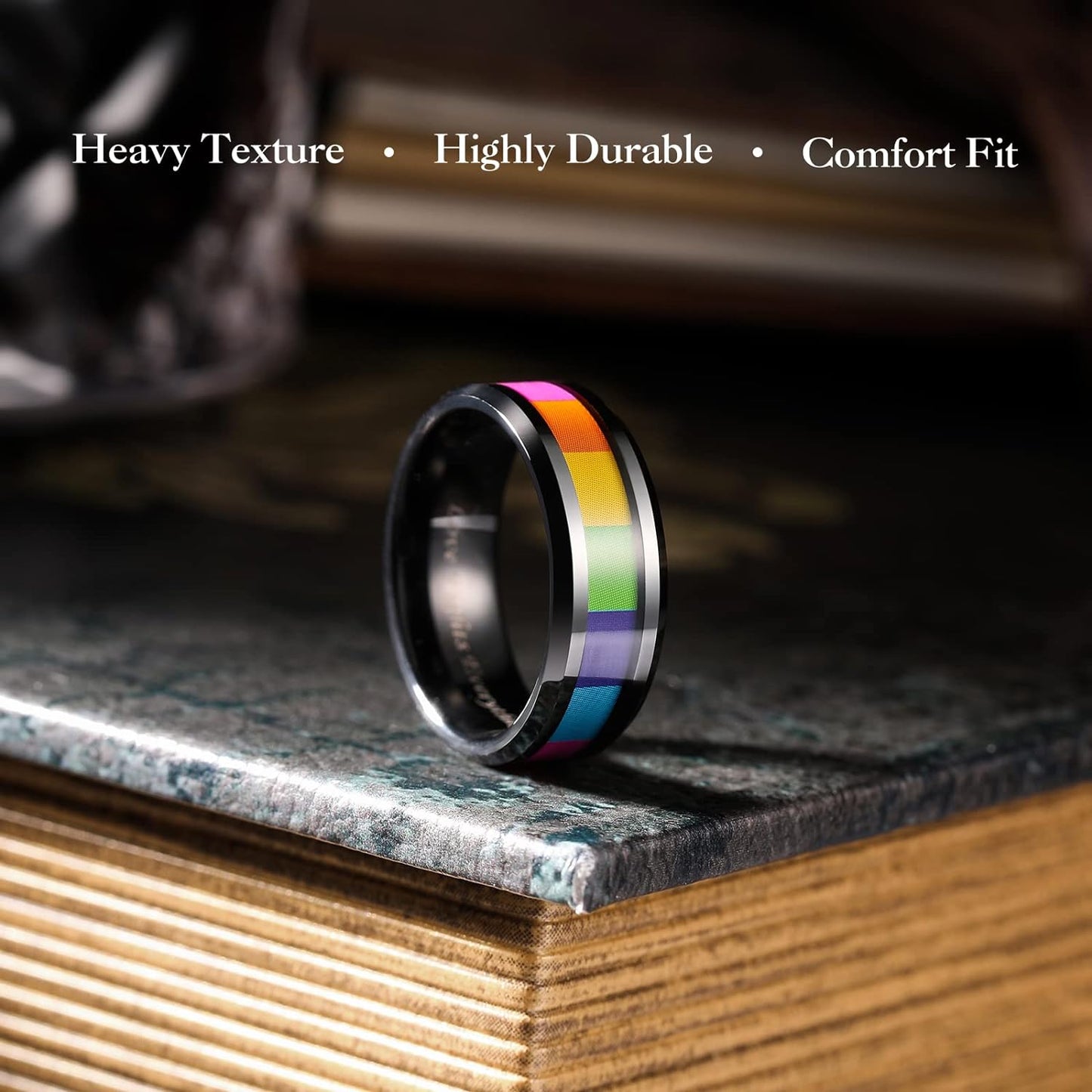 King Will Tungsten Carbide Wedding Band for Men - 8mm Black Plated High Polished Inlay Rainbow Sticker Rings for Weddding Engagement Comfort Fit