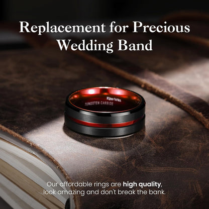 King Will 6mm 7mm 8mm Groove Tungsten Carbide Wedding Ring for Men Black/Silver/Rainbow/Rose Gold/Red/Brown/Blue Thin Groove Center Tungsten Wedding Band Matte Finish