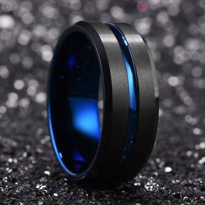 King Will 6mm 7mm 8mm Groove Tungsten Carbide Wedding Ring for Men Black/Silver/Rainbow/Rose Gold/Red/Brown/Blue Thin Groove Center Tungsten Wedding Band Matte Finish