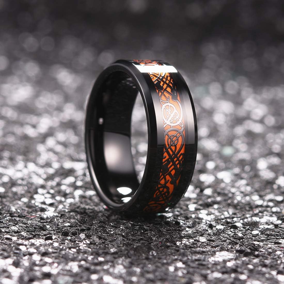 King Will Men's 8mm Green/Red/Blue/Purple Carbon Fiber Black Celtic Dragon Tungsten Carbide Ring Comfort Fit