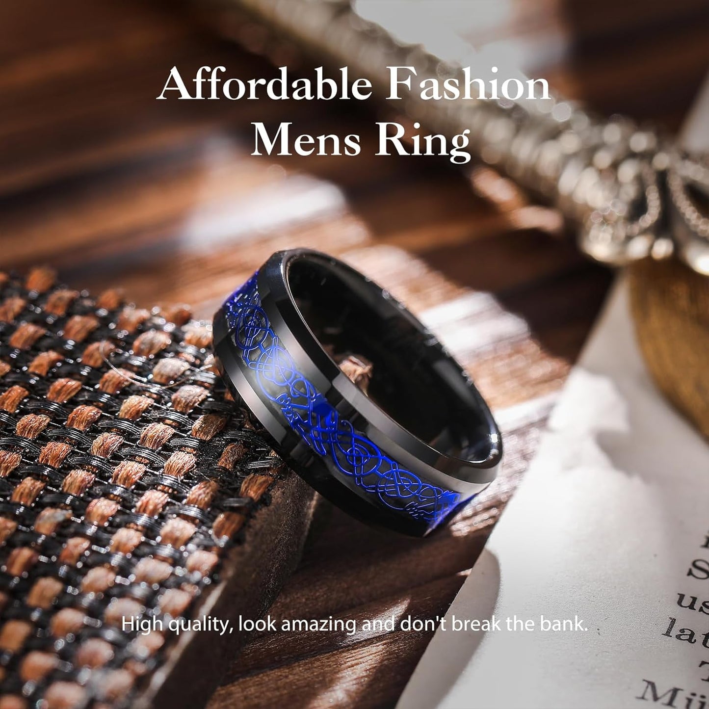 King Will DRAGON Men's 8mm/6mm/5mm Red/Green Carbon Fiber Black Celtic Dragon Tungsten Carbide Ring Comfort Fit Wedding Band