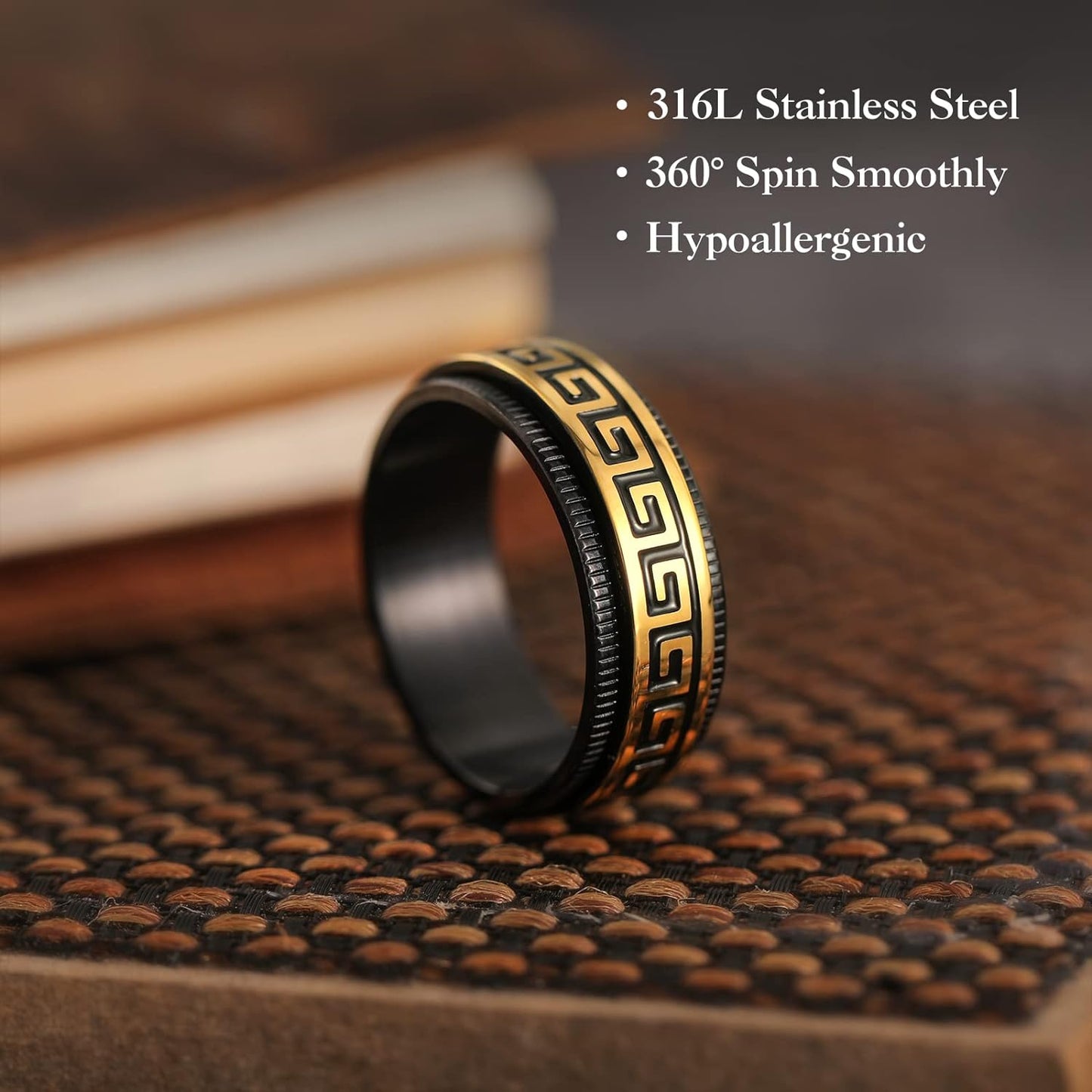 King Will 8mm Black/Silver Spinner Stainless Steel Ring Fidget Ring Anxiety Ring for Men Brushed Greek Key/Viking Pattern/Roman Numerals/Hammered Relieving Stress Ring