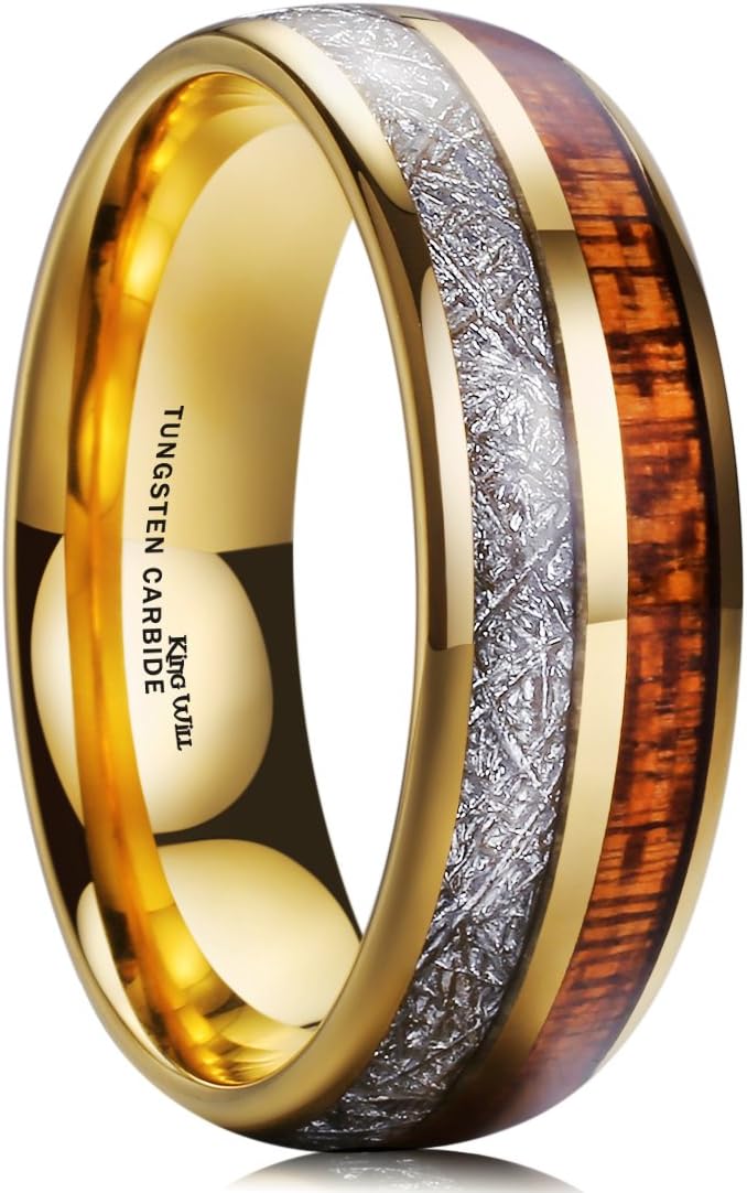 King Will 7mm/8mm Mens Tungsten Carbide Ring Imitated Meteorite Carbon Fiber Nature Wood Inlay Rings Silver/Gold Domed Engagement Band for Men Polished Comfort Fit