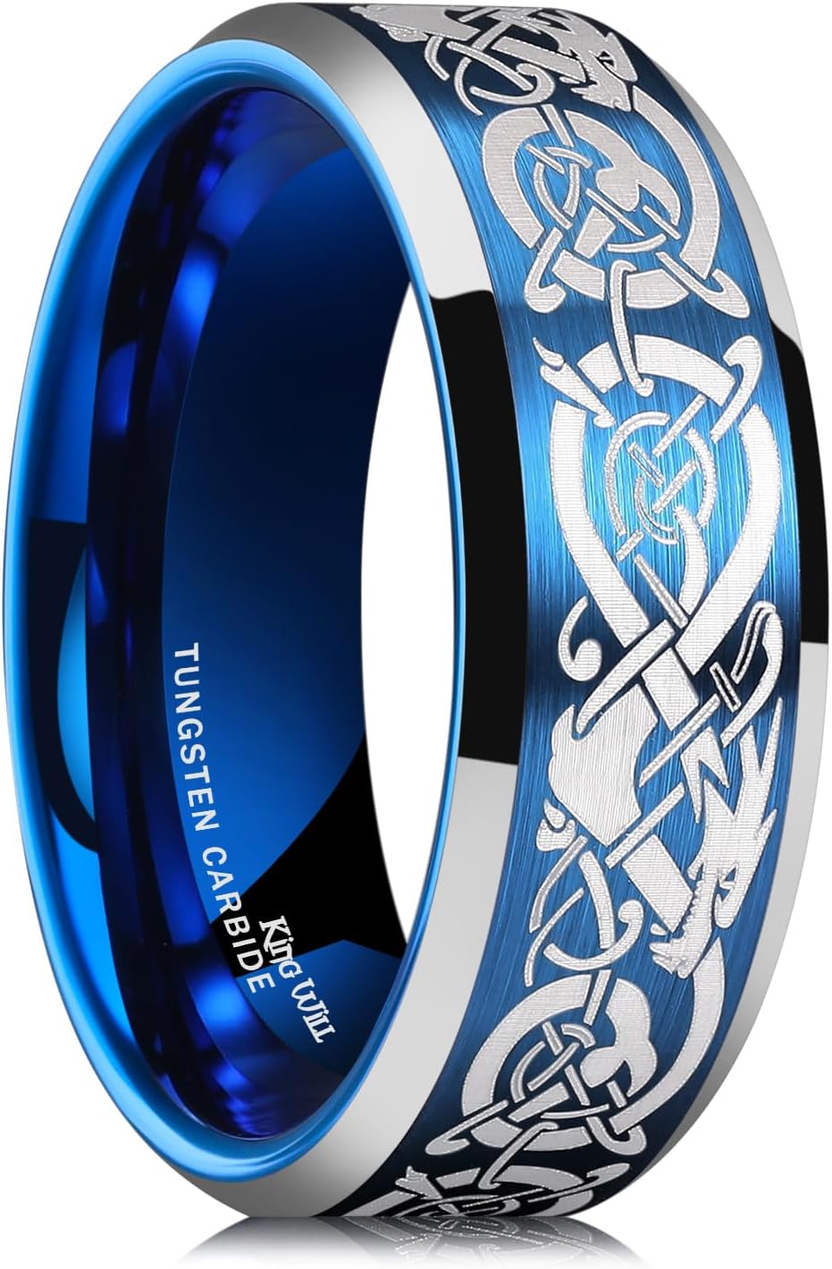 King Will 8mm Black/Silver/Blue Mens Tungsten Carbide Ring Laser Celtic Knot/Wolf Head/Dragon Polish Edge Wedding Band Size 7-14