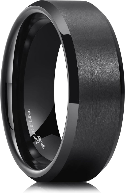 King Will Basic 6mm 7mm 8mm 9mm 10mm Men Wedding Black/Silver Tungsten Ring Matte Finish Beveled Polished Edge Comfort Fit