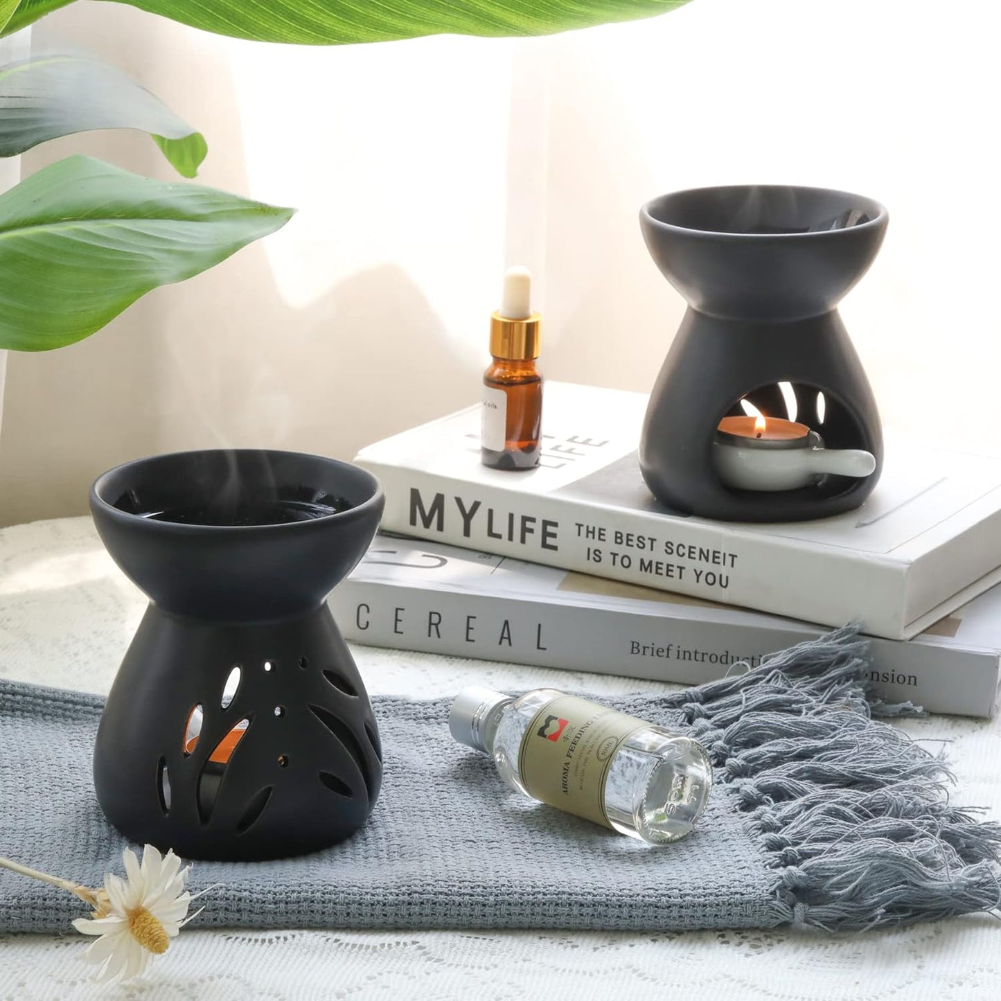 ComSaf Essential Oil Burner Wax Melt Burner Set of 2, Aromatherapy Aroma Burner Ceramic Oil Diffuser Candle Tealight Holder Home Bedroom Decor Christmas Housewarming Gift, Black