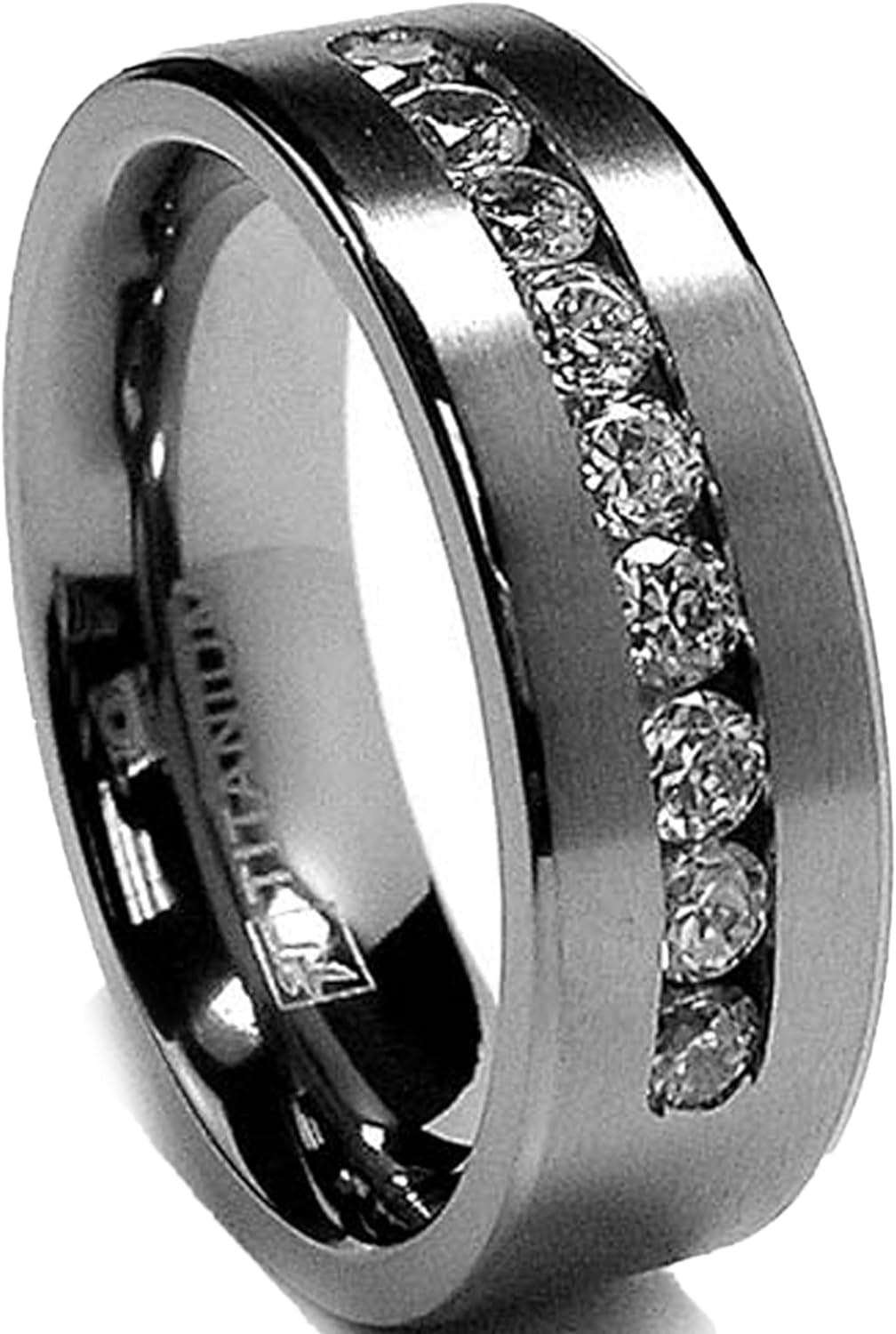 8 MM Men's Titanium ring wedding band with 9 large Channel Set Cubic Zirconia CZ sizes 6 to 15
