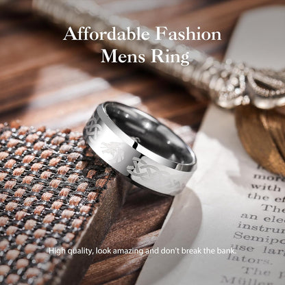 King Will 8mm Black/Silver/Blue Mens Tungsten Carbide Ring Laser Celtic Knot/Wolf Head/Dragon Polish Edge Wedding Band Size 7-14