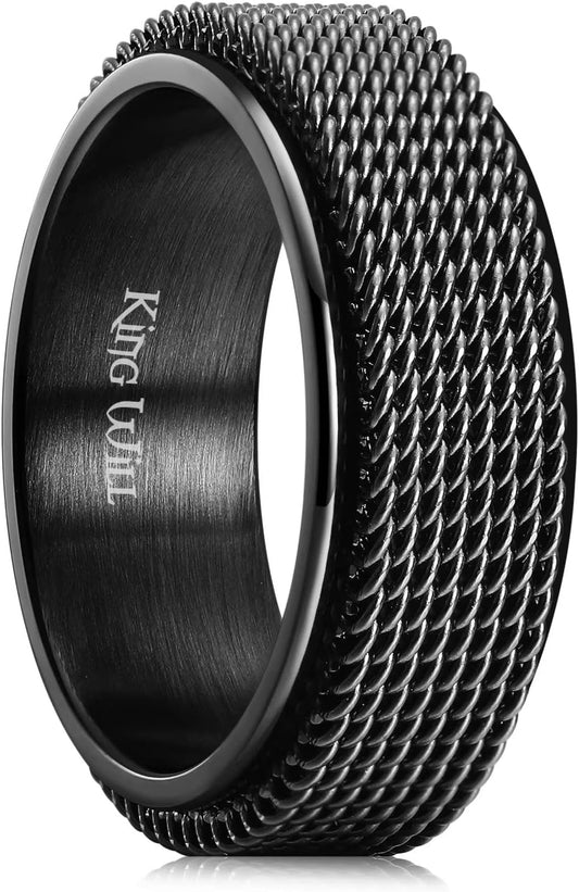 King Will Black Silver Gold Mens Spinner Anxiety Fidget Ring 8mm Stainless Steel Wire Mesh Chain Woven Mesh/Tire Stripe/Groove Ring for Stress Relieving
