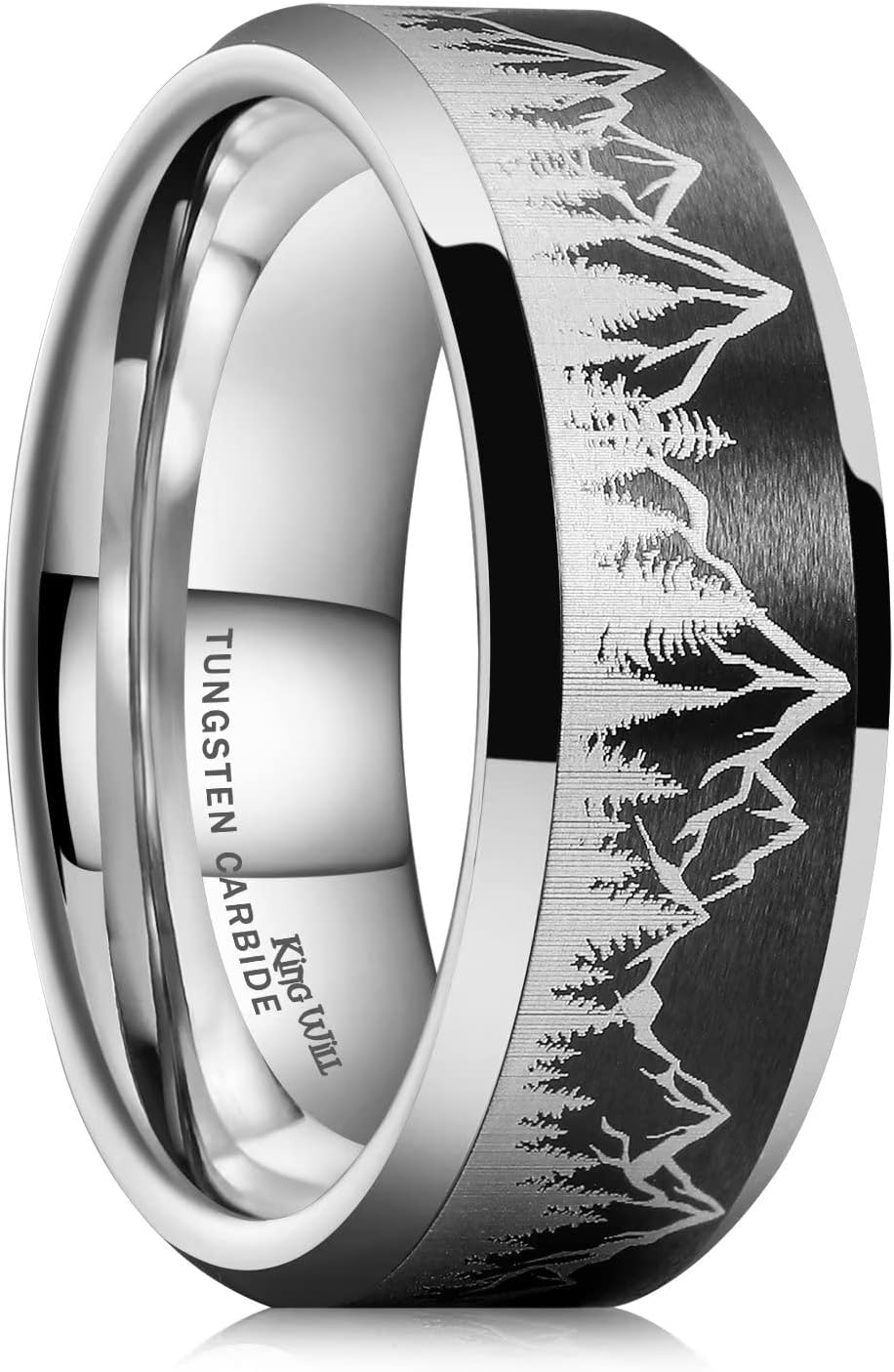 King Will Mens 6mm 8mm Black Silver Tungsten Carbide Wedding Ring Inlaid Lasered Seagull/Forest Landscap/Panda/Deer/Hunting/Fly Fishing Brushed Wedding Rings for Men Women