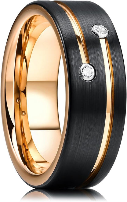 King Will GEM Mens 8mm Black Polished Finish Tungsten Carbide Ring Cubic Zircon Stones Flat Style