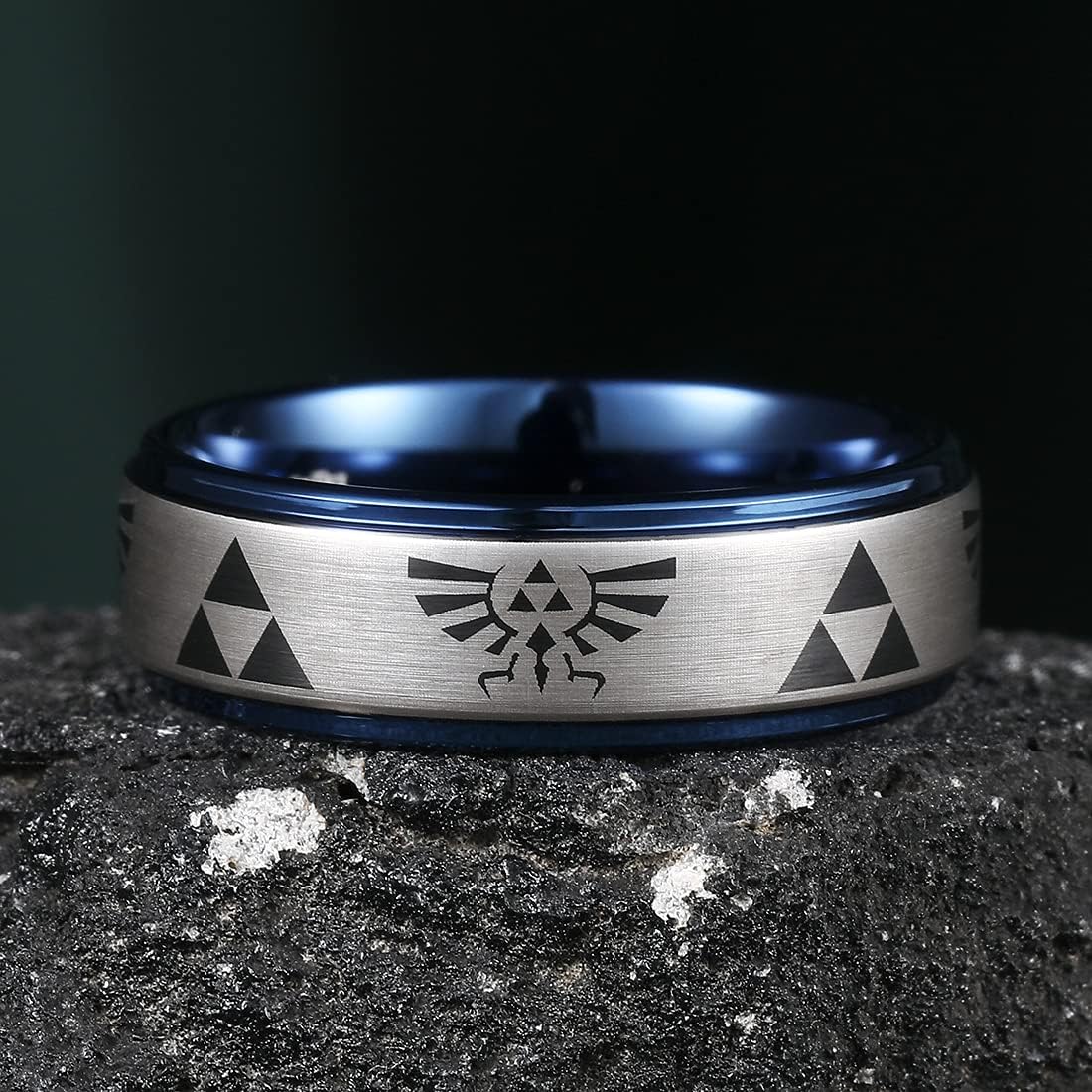 King Will 8mm Mens Black/Blue Tungsten Carbide Wedding Ring The Legend of Zelda Ring Matte Finished Plated Stepped Beveled Edges