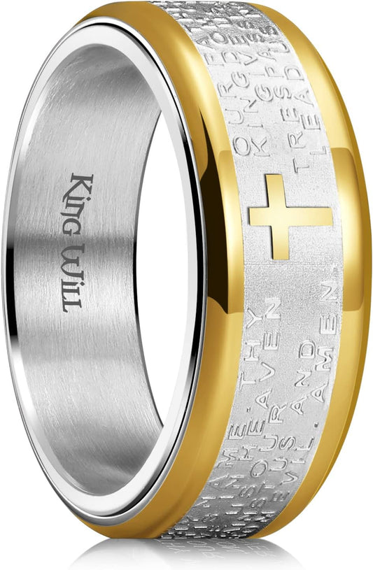 King Will 8mm Black/Gold/Silver Stainless Steel Ring Lord's Prayer Rotatable Ring Men Wedding Band Rings Comfort Fit