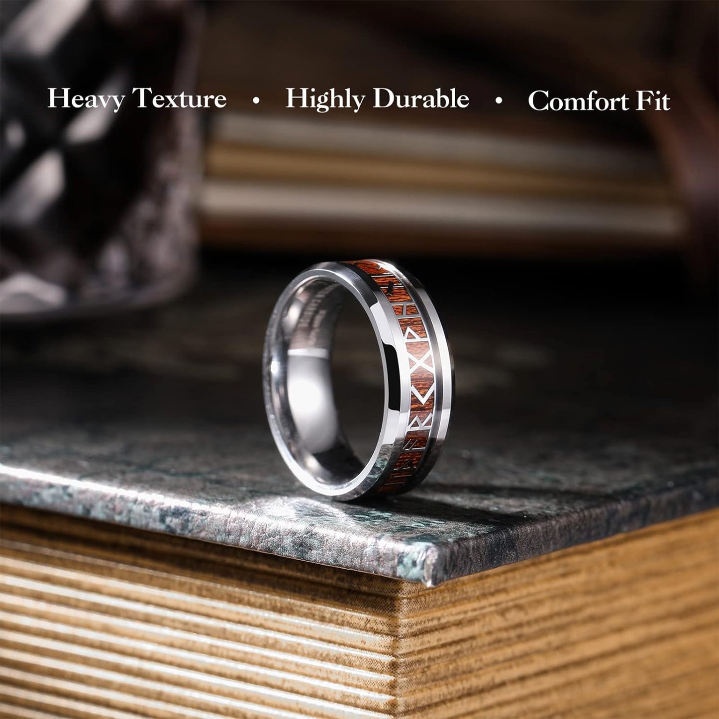 King Will Tungsten Carbide Wedding Band for Men - 8mm Black Plated High Polished Inlay Norse Viking Rune Rings for Any Ocassion Ring Comfort Fit