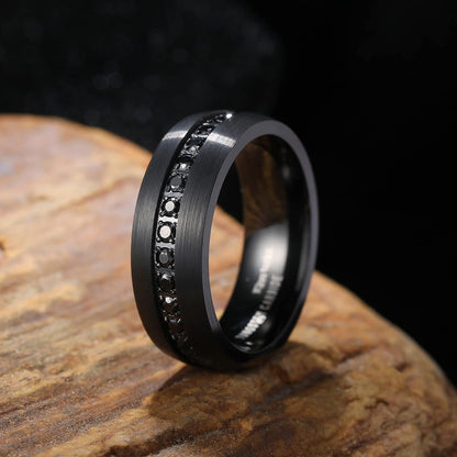 King Will GEM Mens 8mm Black Polished Finish Tungsten Carbide Ring Cubic Zircon Stones Flat Style