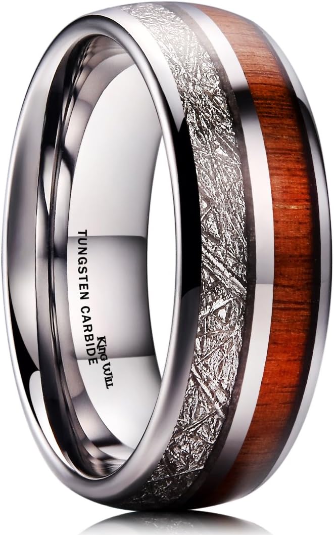 King Will 7mm/8mm Mens Tungsten Carbide Ring Imitated Meteorite Carbon Fiber Nature Wood Inlay Rings Silver/Gold Domed Engagement Band for Men Polished Comfort Fit