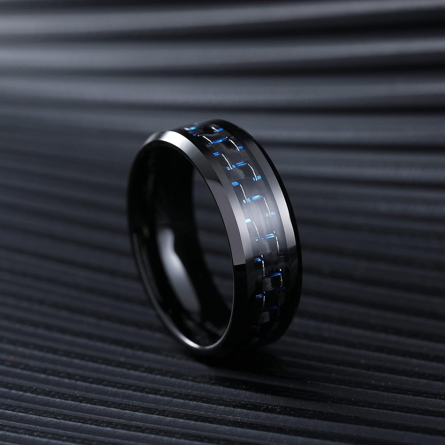 King Will GENTLEMAN 8mm Black/Red/Green/Blue/Silver Carbon Fiber Inlay Tungsten Carbide Ring Black Wedding Band Polished Finish Edges Men’s Ring Comfort Fit for Men Women