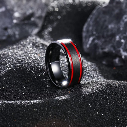 King Will 6mm 7mm 8mm Groove Tungsten Carbide Wedding Ring for Men Black/Silver/Rainbow/Rose Gold/Red/Brown/Blue Thin Groove Center Tungsten Wedding Band Matte Finish