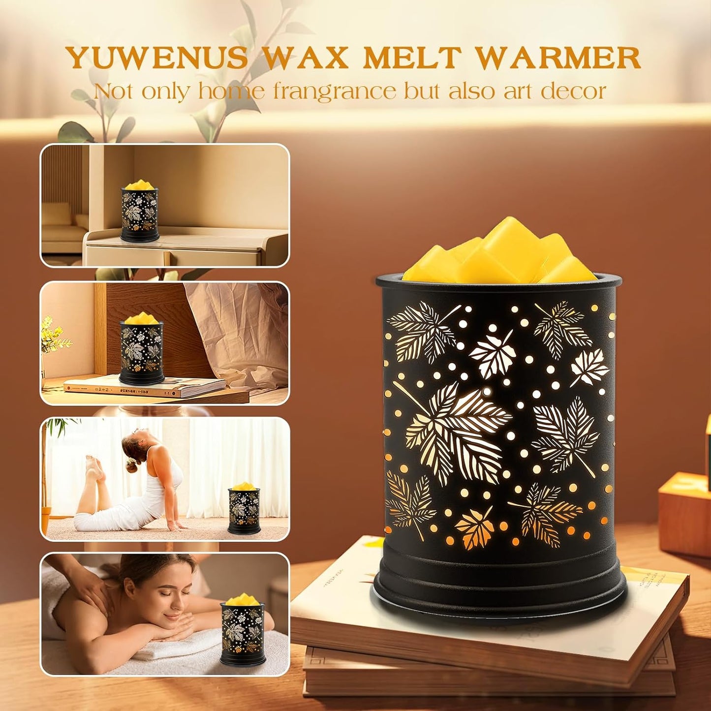 YUWENUS Electric Wax Melt Warmer Metal Wax Warmer for Scented Wax Fragrance Candle Oil Burner with 2 Light Bulbs Home Office Bedroom (Black)