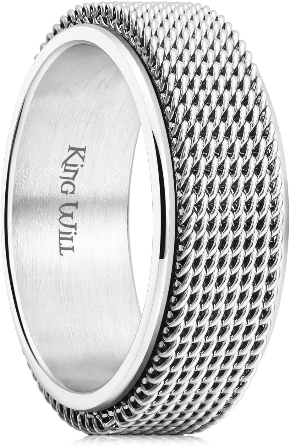 King Will Black Silver Gold Mens Spinner Anxiety Fidget Ring 8mm Stainless Steel Wire Mesh Chain Woven Mesh/Tire Stripe/Groove Ring for Stress Relieving
