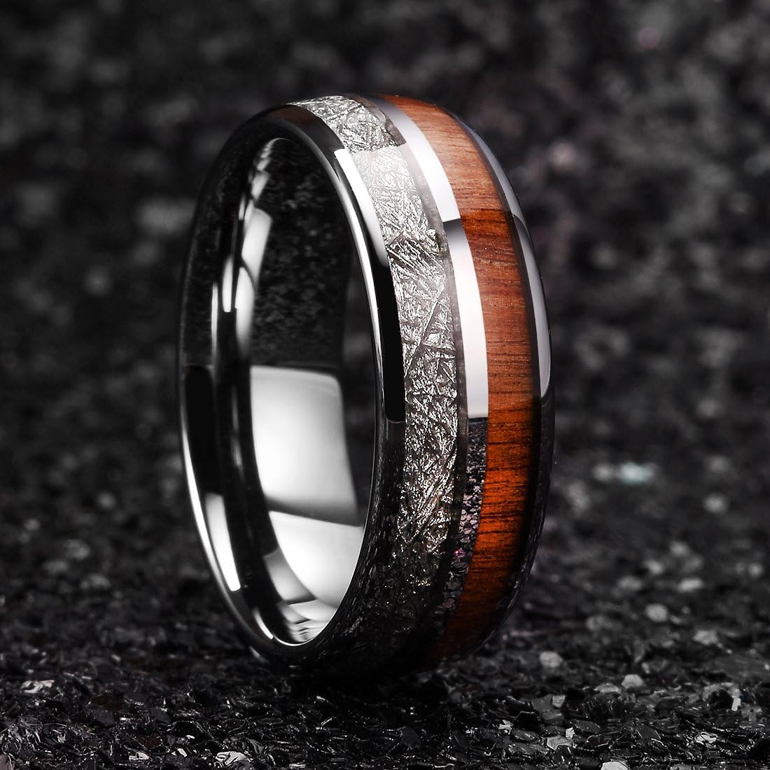 King Will 7mm/8mm Mens Tungsten Carbide Ring Imitated Meteorite Carbon Fiber Nature Wood Inlay Rings Silver/Gold Domed Engagement Band for Men Polished Comfort Fit