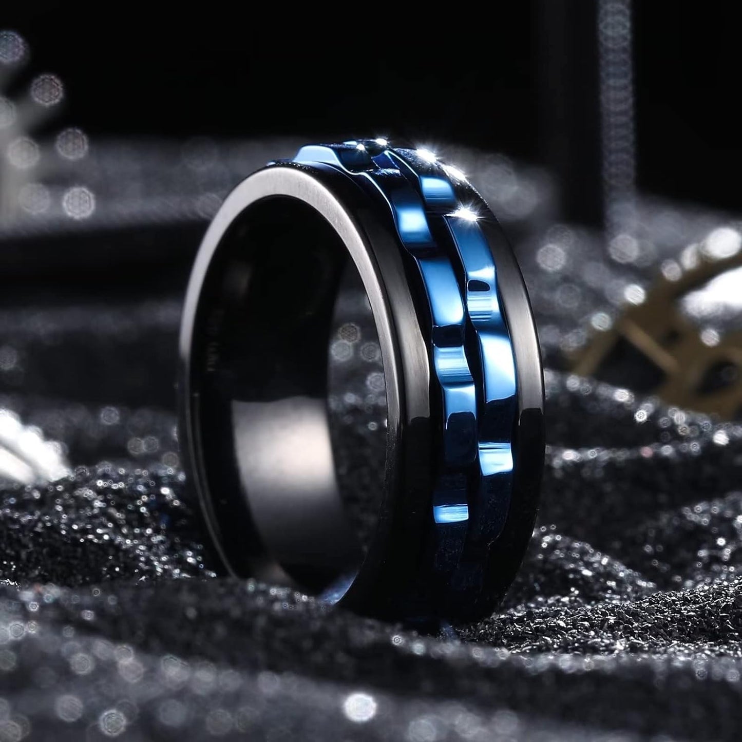 King Will Mens Black Blue Gear Spinner Rings Stainless Steel Fidgets Two Black Gear Fidget Ring High Polish Anxiety Ring For Men Women Wedding Band