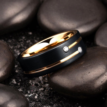 King Will GEM Mens 8mm Black Polished Finish Tungsten Carbide Ring Cubic Zircon Stones Flat Style