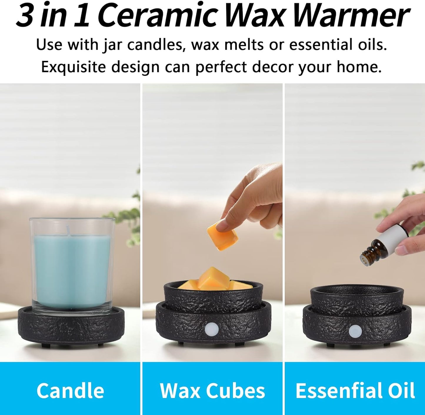 nawaza Ceramic Wax Melt Warmer Fragrance, 3 in1 Electric Candle Wax Warmer，Scented Wax Melt Wax Cubes Melter Fragrance Warmer for Home,Office,Gift(Black)…