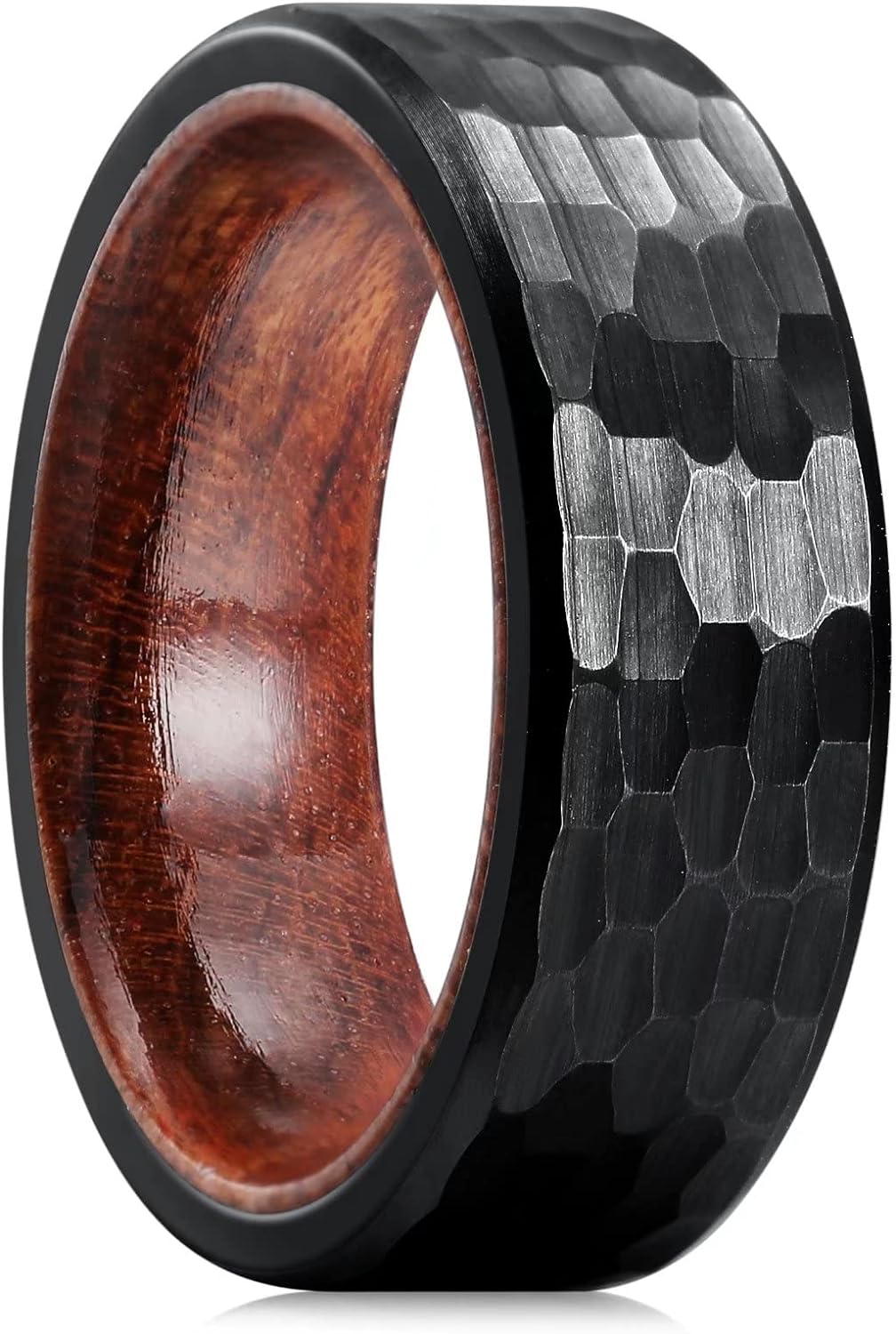 King Will 6mm/8mm Silver/Black Hammered Titanium Ring Inlaid Wood Inner Hole Wedding Band for Men Matte Brushed Comfort Fit