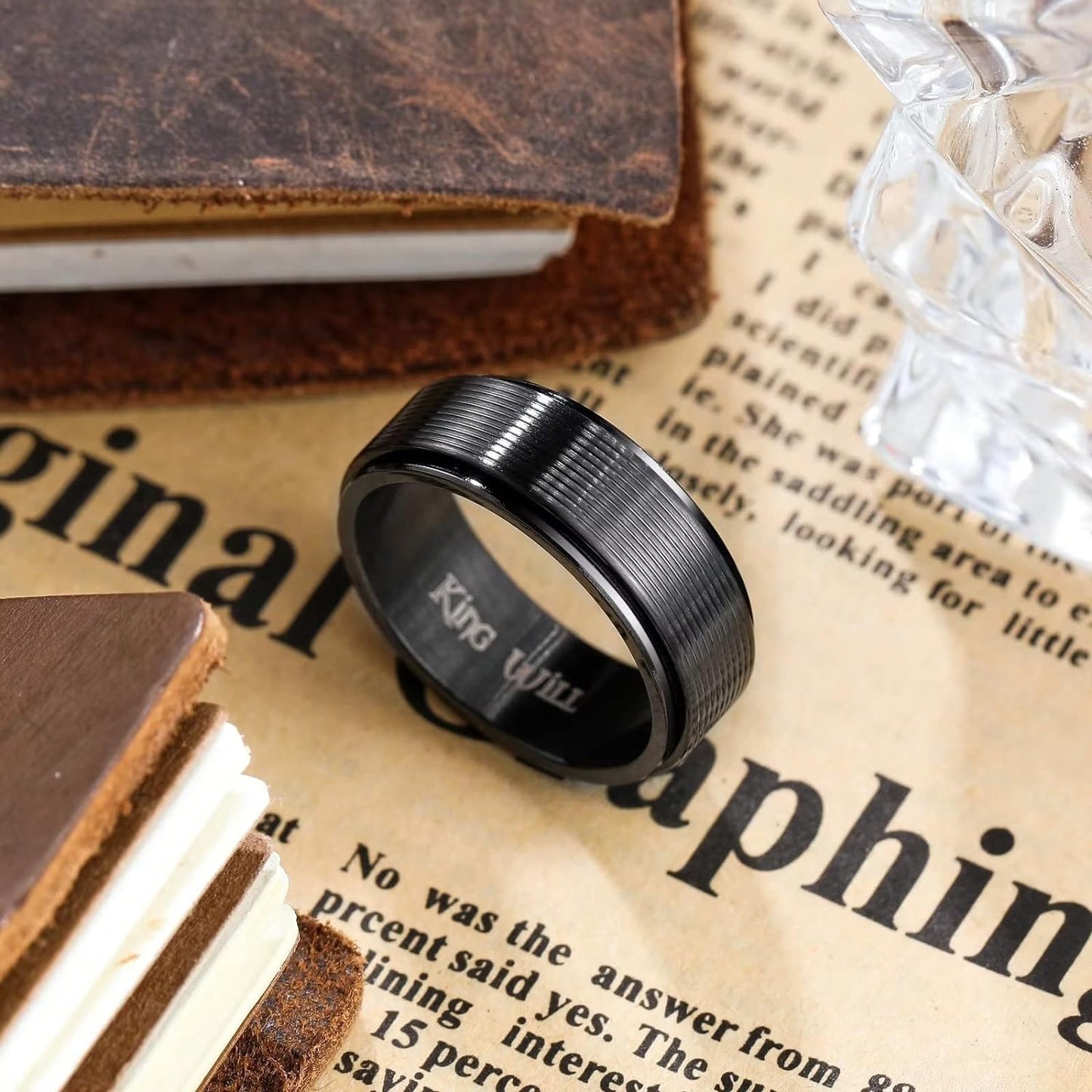 King Will Black Silver Gold Mens Spinner Anxiety Fidget Ring 8mm Stainless Steel Wire Mesh Chain Woven Mesh/Tire Stripe/Groove Ring for Stress Relieving