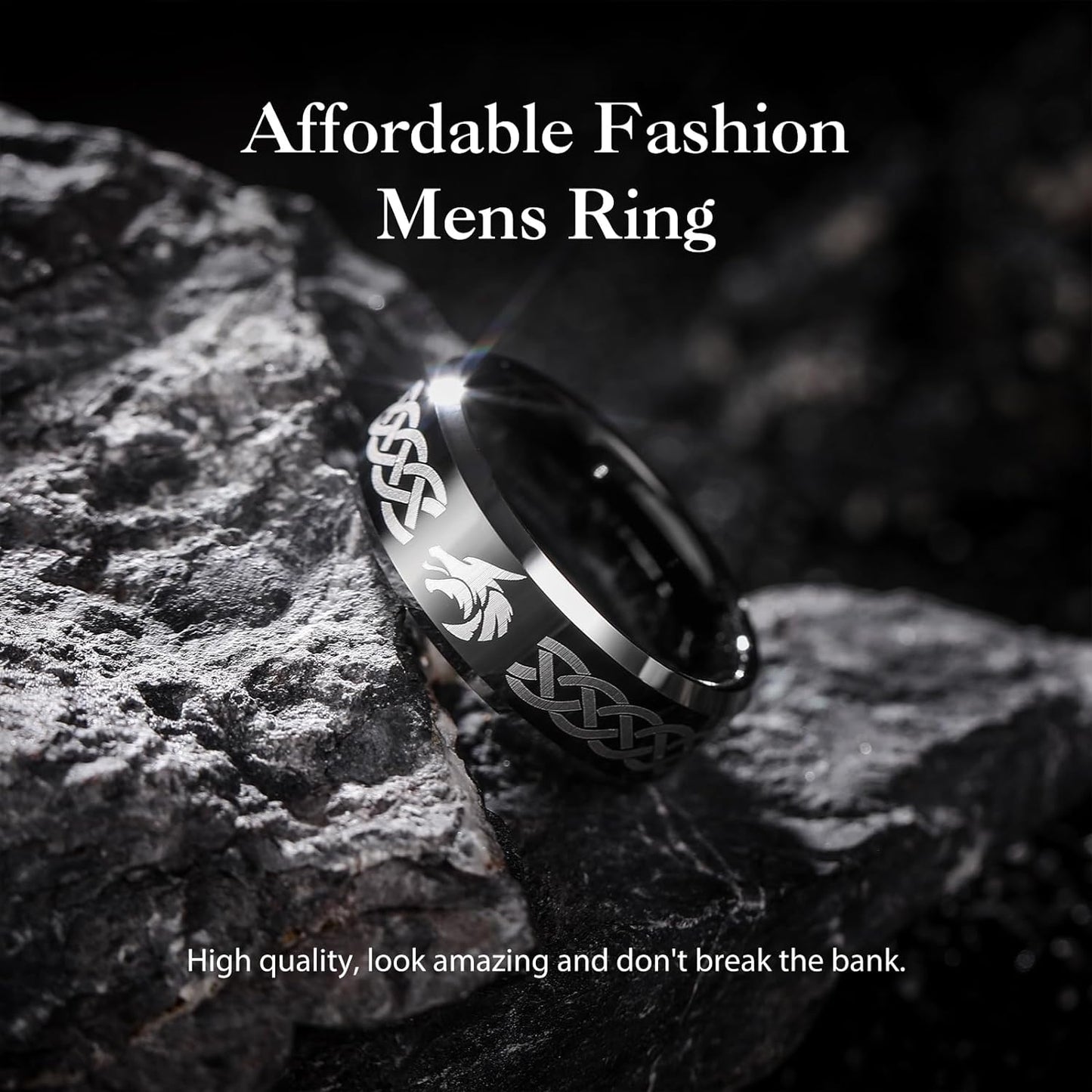 King Will 8mm Black/Silver/Blue Mens Tungsten Carbide Ring Laser Celtic Knot/Wolf Head/Dragon Polish Edge Wedding Band Size 7-14