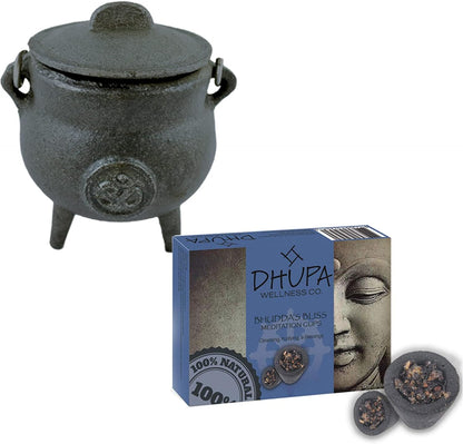 Cast Iron Cauldron with Lid and Carry Handle for Spells Wax Melt Burner, Smudging, Ritual & Blessings | Includes 6 Free Incense Smudge Cups (4.5 Inch, Pentagram)