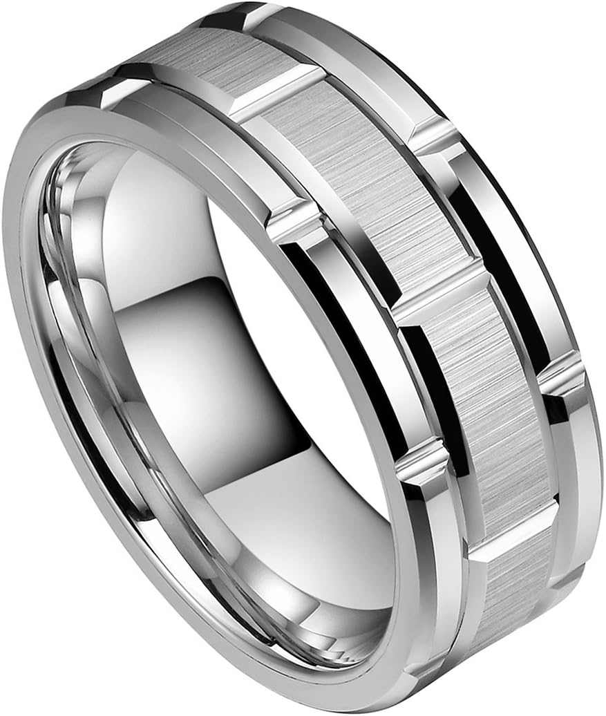 King Will Classic Mens 8mm Silver/Black/Gold/Rose Gold Tungsten Carbide Wedding Band Brick Pattern Groove Center Surface Brushed Finish