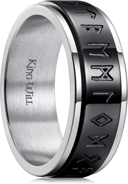 King Will 8mm Black/Silver Spinner Stainless Steel Ring Fidget Ring Anxiety Ring for Men Brushed Greek Key/Viking Pattern/Roman Numerals/Hammered Relieving Stress Ring