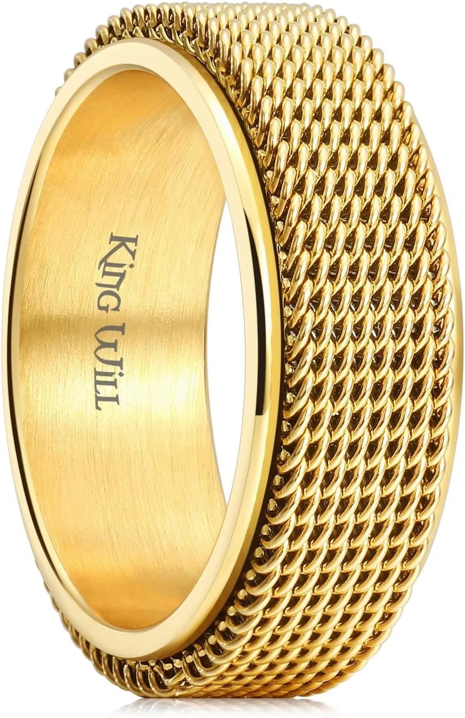 King Will Black Silver Gold Mens Spinner Anxiety Fidget Ring 8mm Stainless Steel Wire Mesh Chain Woven Mesh/Tire Stripe/Groove Ring for Stress Relieving