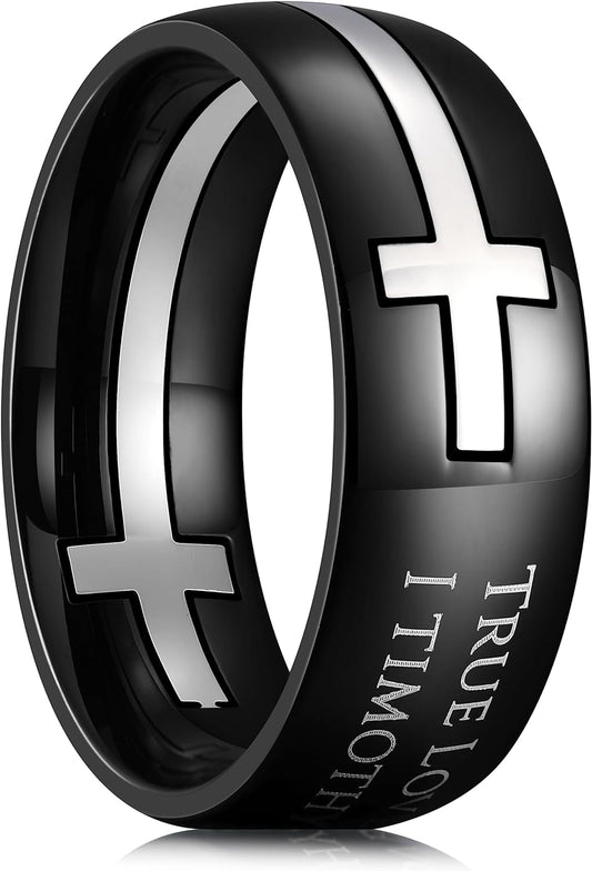 King Will Stainless Steel Wedding Band for Men - 8mm Black Silver Plated Inlay Cross and Text True Love Waits for Everyday Wear Comfort Fit