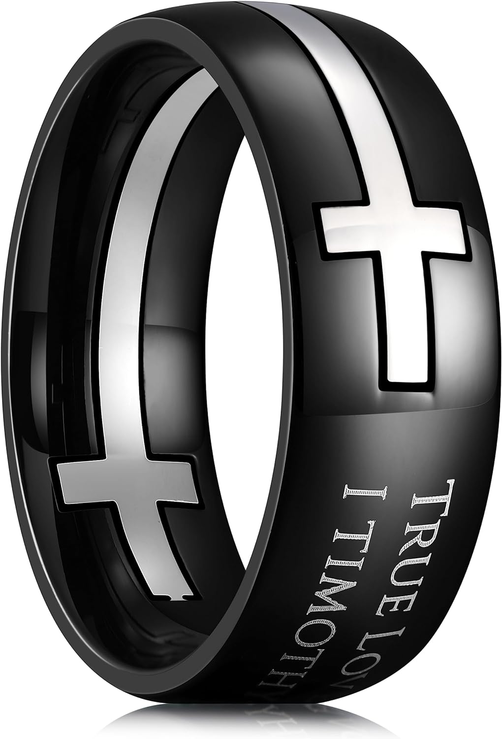 King Will Stainless Steel Wedding Band for Men - 8mm Black Silver Plated Inlay Cross and Text True Love Waits for Everyday Wear Comfort Fit