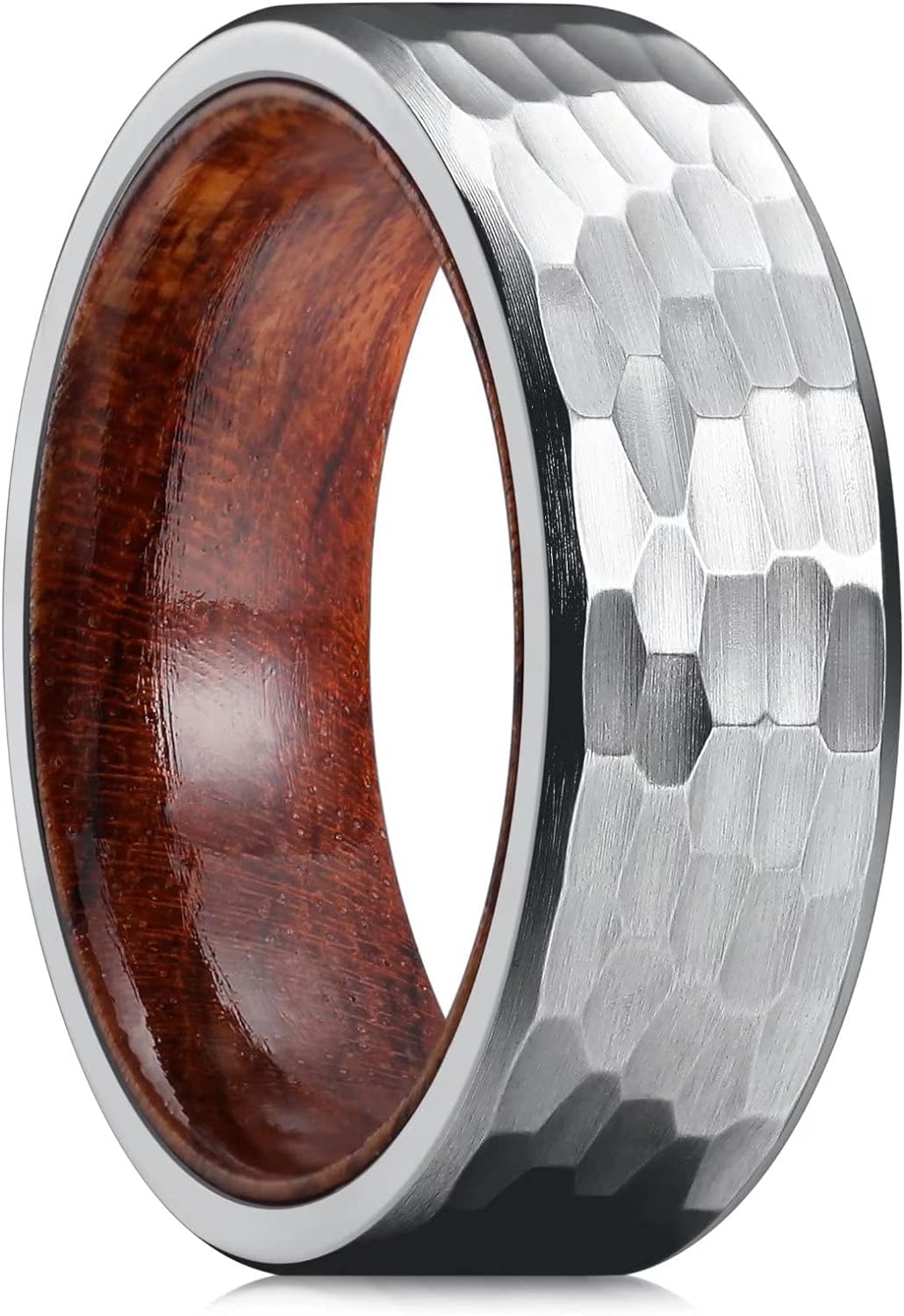 King Will 6mm/8mm Silver/Black Hammered Titanium Ring Inlaid Wood Inner Hole Wedding Band for Men Matte Brushed Comfort Fit