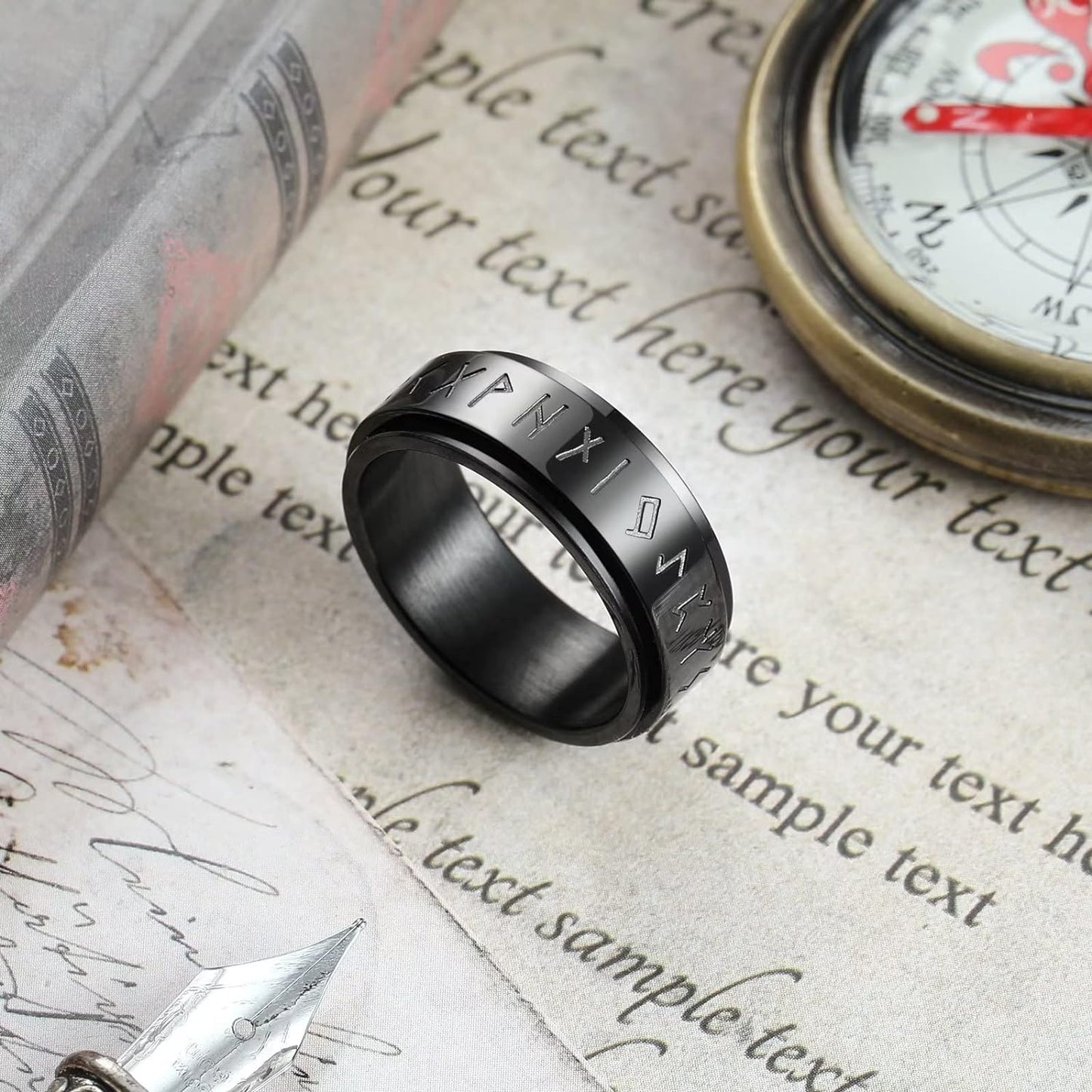 King Will 8mm Black/Silver Spinner Stainless Steel Ring Fidget Ring Anxiety Ring for Men Brushed Greek Key/Viking Pattern/Roman Numerals/Hammered Relieving Stress Ring