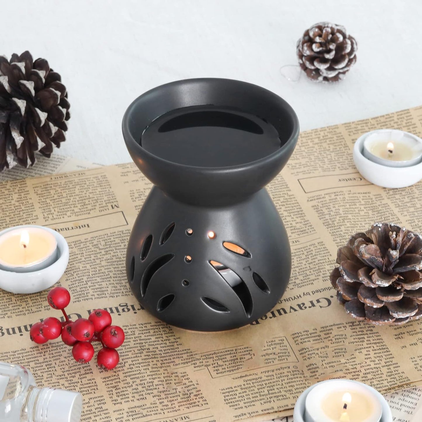 ComSaf Essential Oil Burner Wax Melt Burner Set of 2, Aromatherapy Aroma Burner Ceramic Oil Diffuser Candle Tealight Holder Home Bedroom Decor Christmas Housewarming Gift, Black