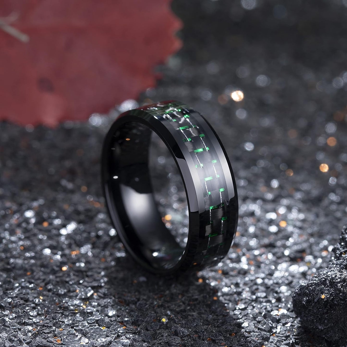 King Will GENTLEMAN 8mm Black/Red/Green/Blue/Silver Carbon Fiber Inlay Tungsten Carbide Ring Black Wedding Band Polished Finish Edges Men’s Ring Comfort Fit for Men Women